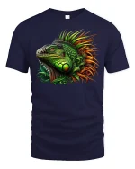 Colorful Iguana Jungle Fire Art Reptile Graphic T-Shirt - navy t-shirt on white background