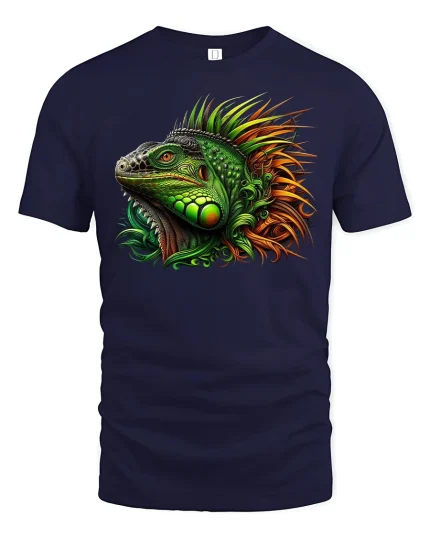 Colorful Iguana Jungle Fire Art Reptile Graphic T-Shirt - navy t-shirt on white background