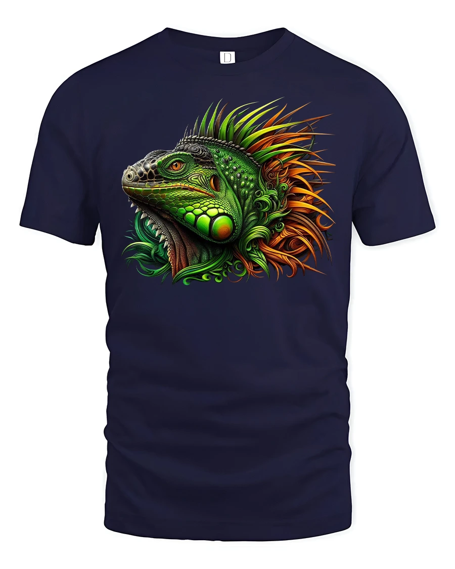 Colorful Iguana Jungle Fire Art Reptile Graphic T-Shirt - 1 Colorful Iguana Jungle Fire Art Reptile Graphic T-Shirt - navy t-shirt on white background