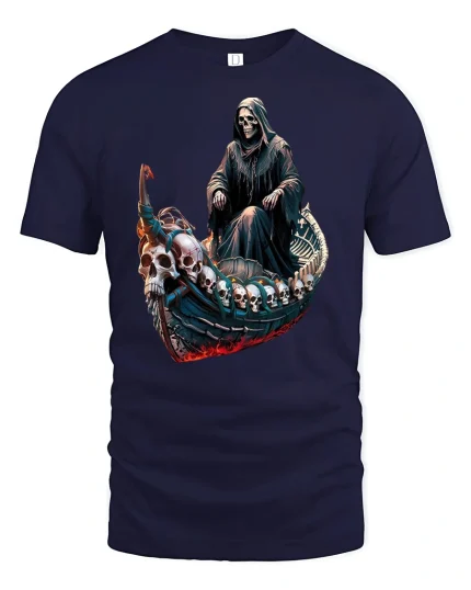 Grim Reaper Skull Boat of Souls Dark Gothic T-Shirt - navy t-shirt on white background