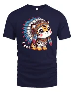 Cute Tribal Tiger With Feather Headdress T-Shirt - navy t-shirt on white background