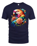 Colorful Parrot And Flowers Tropical Art Graphic Tee - navy t-shirt on white background