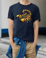 Golden Scorpion Cool Insect Art Graphic T-Shirt - model wearing navy tee with hands in pockets