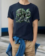 Neon Werewolf Monster Glow Graphic Horror Style Tee - model wearing navy tee with hands in pockets
