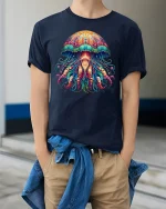 Psychedelic Jellyfish Ocean Glow Art Graphic T-Shirt - model wearing navy tee with hands in pockets