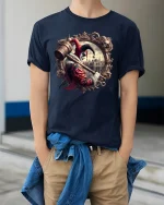 Gothic Jester Hammer Dark Carnival Art Graphic T-Shirt - model wearing navy tee with hands in pockets