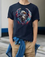 American Eagle Skull Fire Wings Patriotic Art T-Shirt - model wearing navy tee with hands in pockets