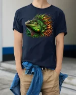 Colorful Iguana Jungle Fire Art Reptile Graphic T-Shirt - model wearing navy tee with hands in pockets