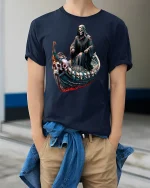 Grim Reaper Skull Boat of Souls Dark Gothic T-Shirt - model wearing navy tee with hands in pockets