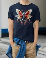 Colorful Ladybug Insect Art Beautiful Nature T-Shirt - model wearing navy tee with hands in pockets