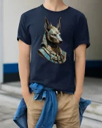 Egyptian Anubis Warrior God Ancient Power T-Shirt - model wearing navy tee with hands in pockets