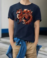 Fire Fox Dragon Hybrid Mythical Spirit Animal T-Shirt - model wearing navy tee with hands in pockets