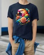 Colorful Parrot And Flowers Tropical Art Graphic Tee - model wearing navy tee with hands in pockets