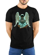 Angel Astronaut Sitting Cosmic Dream Graphic T-Shirt - model wearing black tee with hands behind back