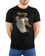Fantasy Owl Rider Warrior Flight Epic Art Graphic Tee - model wearing black tee with hands behind back