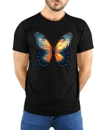 Sunset Forest Butterfly Nature Art Graphic T-Shirt - model wearing black tee with hands behind back