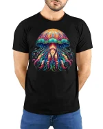 Psychedelic Jellyfish Ocean Glow Art Graphic T-Shirt - model wearing black tee with hands behind back