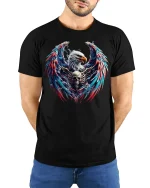 American Eagle Skull Fire Wings Patriotic Art T-Shirt - model wearing black tee with hands behind back