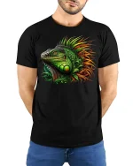 Colorful Iguana Jungle Fire Art Reptile Graphic T-Shirt - model wearing black tee with hands behind back