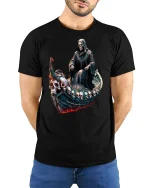 Grim Reaper Skull Boat of Souls Dark Gothic T-Shirt - model wearing black tee with hands behind back