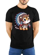 Cute Tribal Tiger With Feather Headdress T-Shirt - model wearing black tee with hands behind back