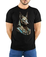 Egyptian Anubis Warrior God Ancient Power T-Shirt - model wearing black tee with hands behind back