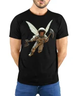 Fantasy Astronaut Fairy With Axe Cosmic Warrior Tee - model wearing black tee with hands behind back