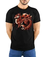 Fire Fox Dragon Hybrid Mythical Spirit Animal T-Shirt - model wearing black tee with hands behind back