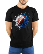 Splash Football Art Cool Sports Fan Game Day T-Shirt - model wearing black tee with hands behind back