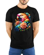 Colorful Parrot And Flowers Tropical Art Graphic Tee - model wearing black tee with hands behind back