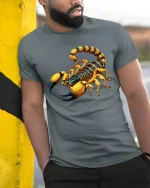 Golden Scorpion Cool Insect Art Graphic T-Shirt - model wearing grey tee, leaning on column