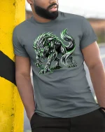 Neon Werewolf Monster Glow Graphic Horror Style Tee - model wearing grey tee, leaning on column