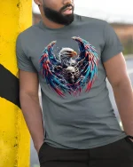 American Eagle Skull Fire Wings Patriotic Art T-Shirt - model wearing grey tee, leaning on column