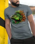 Colorful Iguana Jungle Fire Art Reptile Graphic T-Shirt - model wearing grey tee, leaning on column