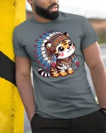 Cute Tribal Tiger With Feather Headdress T-Shirt - model wearing grey tee, leaning on column