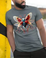 Colorful Ladybug Insect Art Beautiful Nature T-Shirt - model wearing grey tee, leaning on column