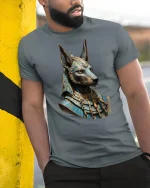 Egyptian Anubis Warrior God Ancient Power T-Shirt - model wearing grey tee, leaning on column