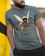 Fantasy Astronaut Fairy With Axe Cosmic Warrior Tee - model wearing grey tee, leaning on column