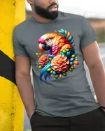 Colorful Parrot And Flowers Tropical Art Graphic Tee - model wearing grey tee, leaning on column
