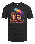 Cute Owl Couple Under Umbrella Rainy Day T-Shirt - black t-shirt on white background