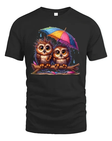 Cute Owl Couple Under Umbrella Rainy Day T-Shirt - black t-shirt on white background
