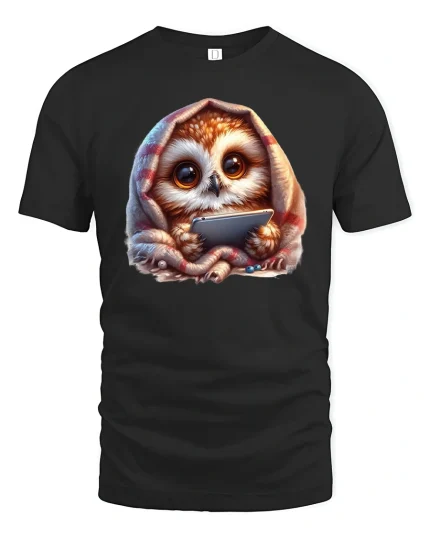 Cute Cozy Owl with Blanket Funny Lazy Day Graphic Tee - black t-shirt on white background
