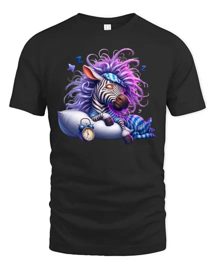 Funny Sleepy Zebra Pajama Dreamy Night Graphic Tee - black t-shirt on white background