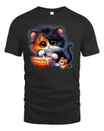 Cute Kitten and Mouse Sharing Milk Funny Animal T-Shirt - black t-shirt on white background