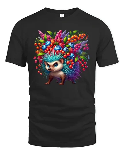 Colorful Hedgehog with Berries Cute Animal Graphic Tee - black t-shirt on white background