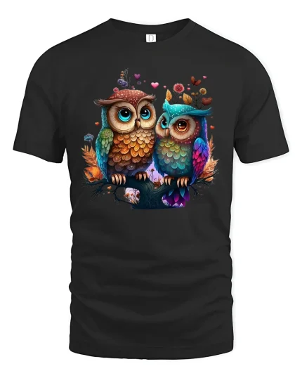 Cute Owl Couple in Love Colorful Funny Animal T-Shirt - black t-shirt on white background