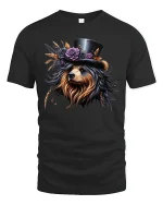 Elegant Yorkie Dog with Hat Floral Art Graphic T-Shirt - black t-shirt on white background