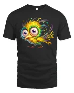 Funny Colorful Bird Big Eyes Cartoon Graphic T-Shirt - black t-shirt on white background