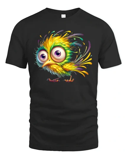 Funny Colorful Bird Big Eyes Cartoon Graphic T-Shirt - black t-shirt on white background