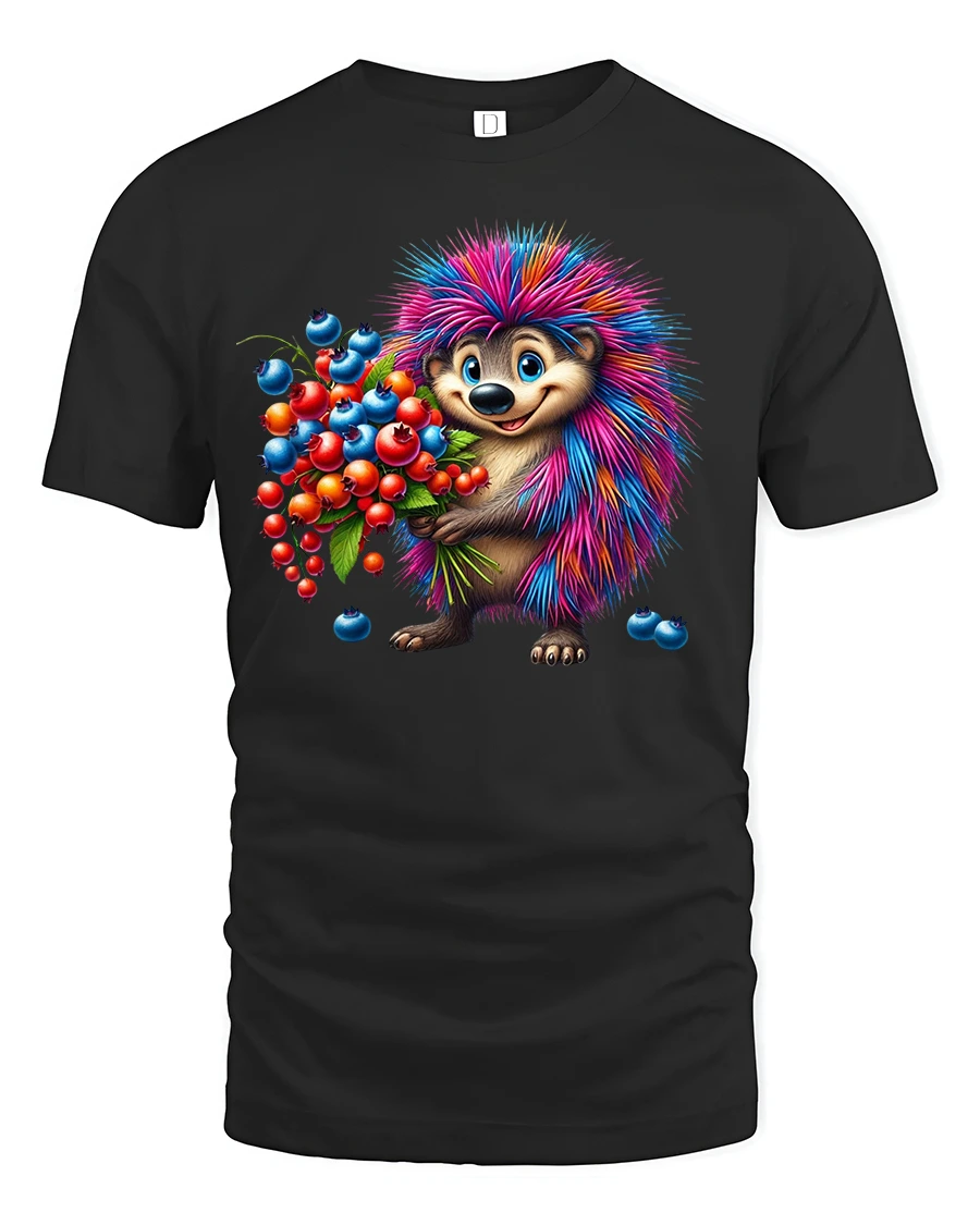 Cute Rainbow Hedgehog Fruit Lover Graphic T-Shirt - 1 Cute Rainbow Hedgehog Fruit Lover Graphic T-Shirt - black t-shirt on white background